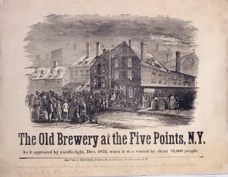 La Antigua Cervecería en los Five Points, Nueva York, como Aparecía a la Luz de las Velas, diciembre de 1852, cuando fue Visitada por unas 20,000 Personas, grabado por John W. Orr (1815-57), ca. 1853